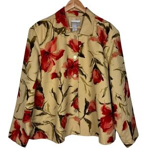 Coldwater Creek Silk Linen Floral Jacket Art to Wear Womens 2X Beige Red Cottage